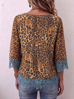 Women's Leopard Print Crew Neck 3/4 Sleeve Casual Loose Lace Patchwork Top