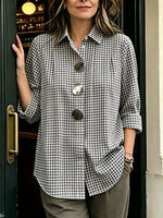 Retro Casual Plaid Cotton Shirt With Decorative Metal Buttons