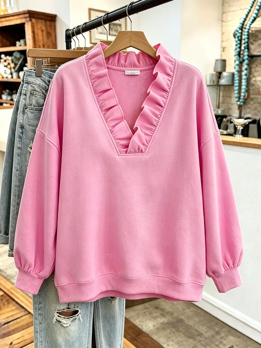 Cozy Oversized Vibrant Pink Ruffled Sweatshirt