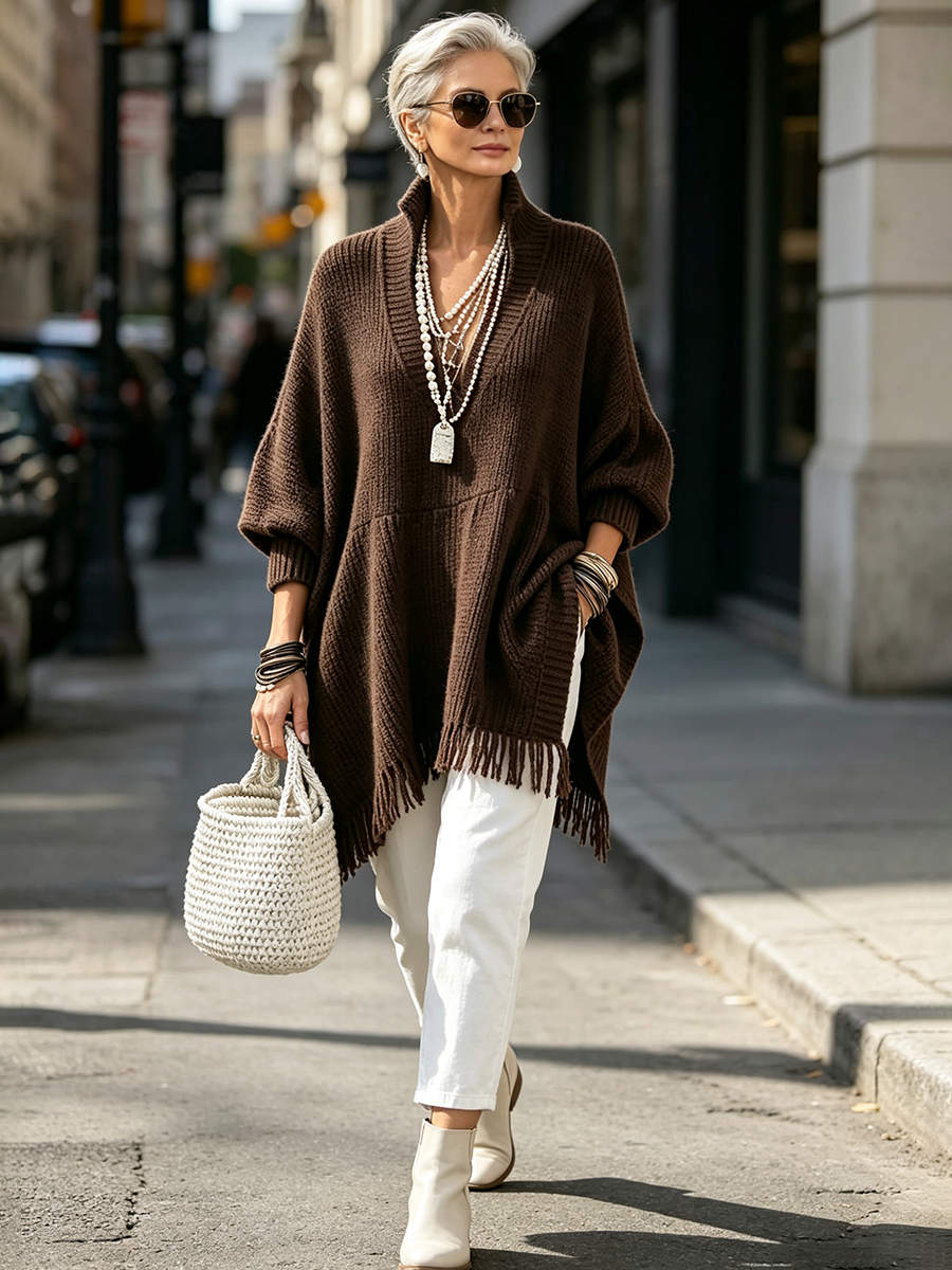 Elegant Boho Batwing & Fringe Hem Oversized Long Sweater