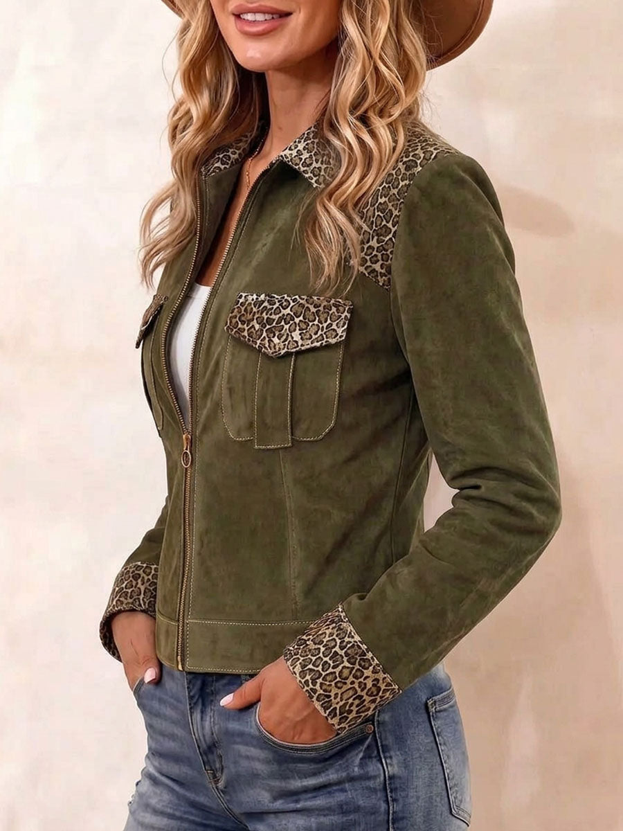 Women's Lapel Long-sleeve Loose-fit Faux Suede Jacket With Leopard Print Panels