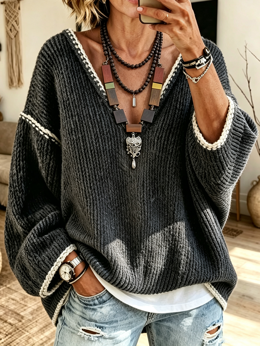 Relaxed Oversized Contrast Trim Dark Grey Sweater