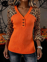 Vibrant Leopard-Sleeve Ribbed Henley Top
