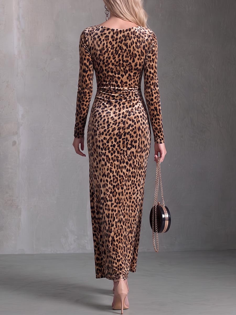 Women's Leopard Print Duffle Neck Long Sleeve Casual Loose Velvet Dress