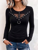 Women's Solid Color Crew-neck Long-sleeve Casual Slim-fit Mesh-panel Pullover Top