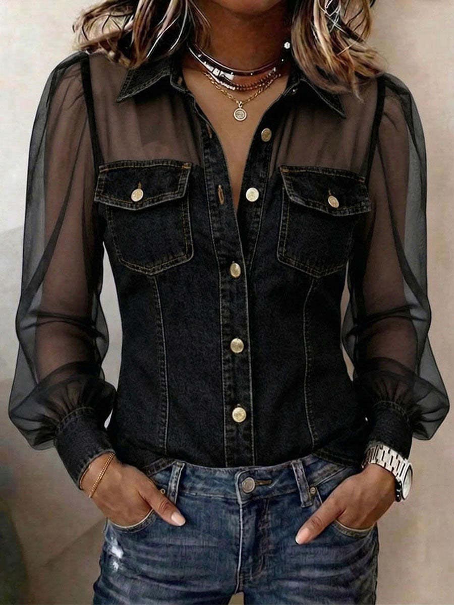 Women's Collared Long-sleeved Casual Loose Chiffon Patchwork Denim Shirt