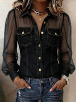 Women's Collared Long-sleeved Casual Loose Chiffon Patchwork Denim Shirt