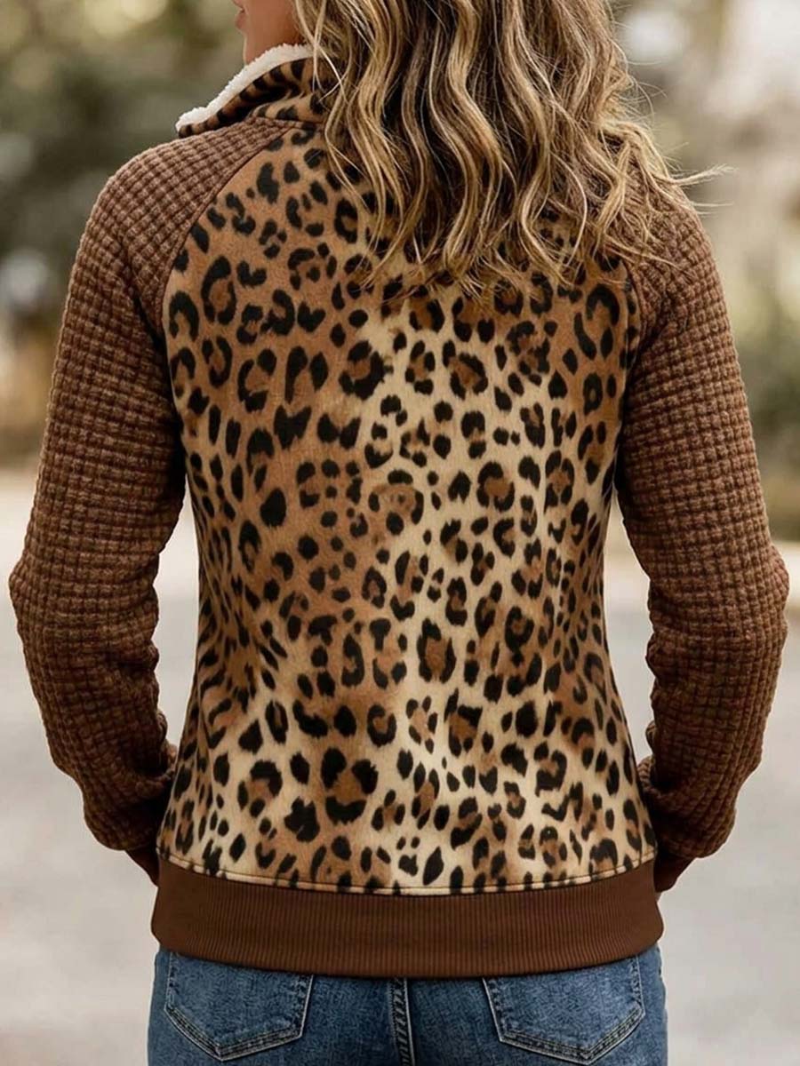 Women's Half Zip Leopard Panel Textured Pullover Sweatshirt