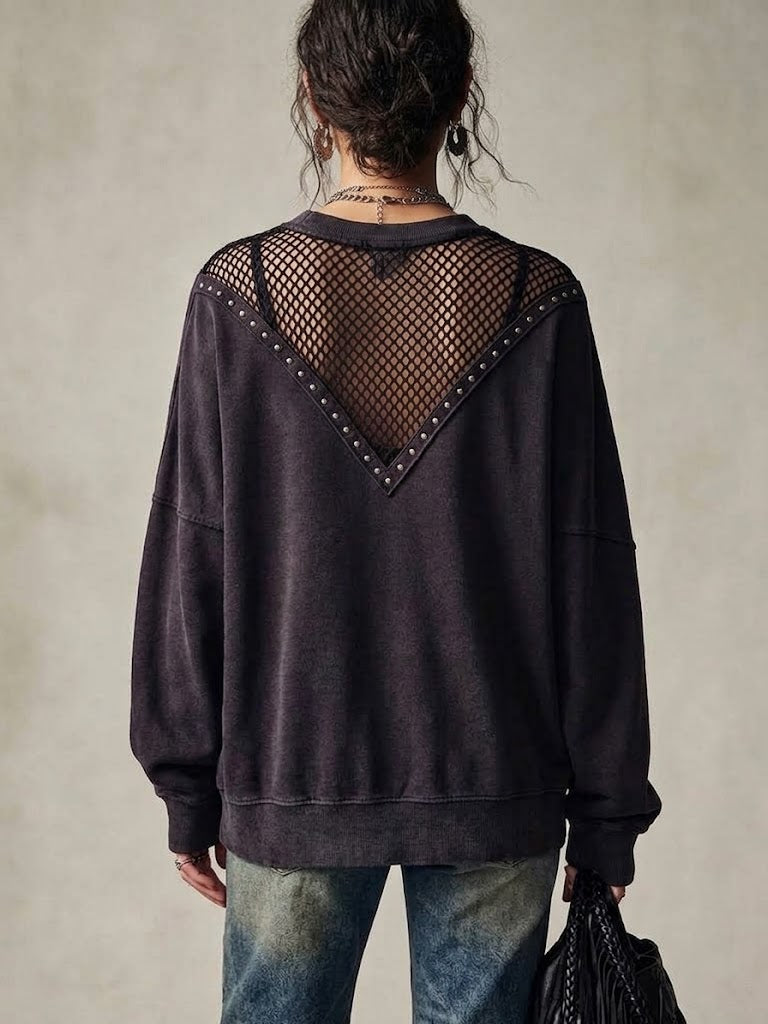 Casual Mesh-paneled, Stud-embellished Loose Sweatshirt