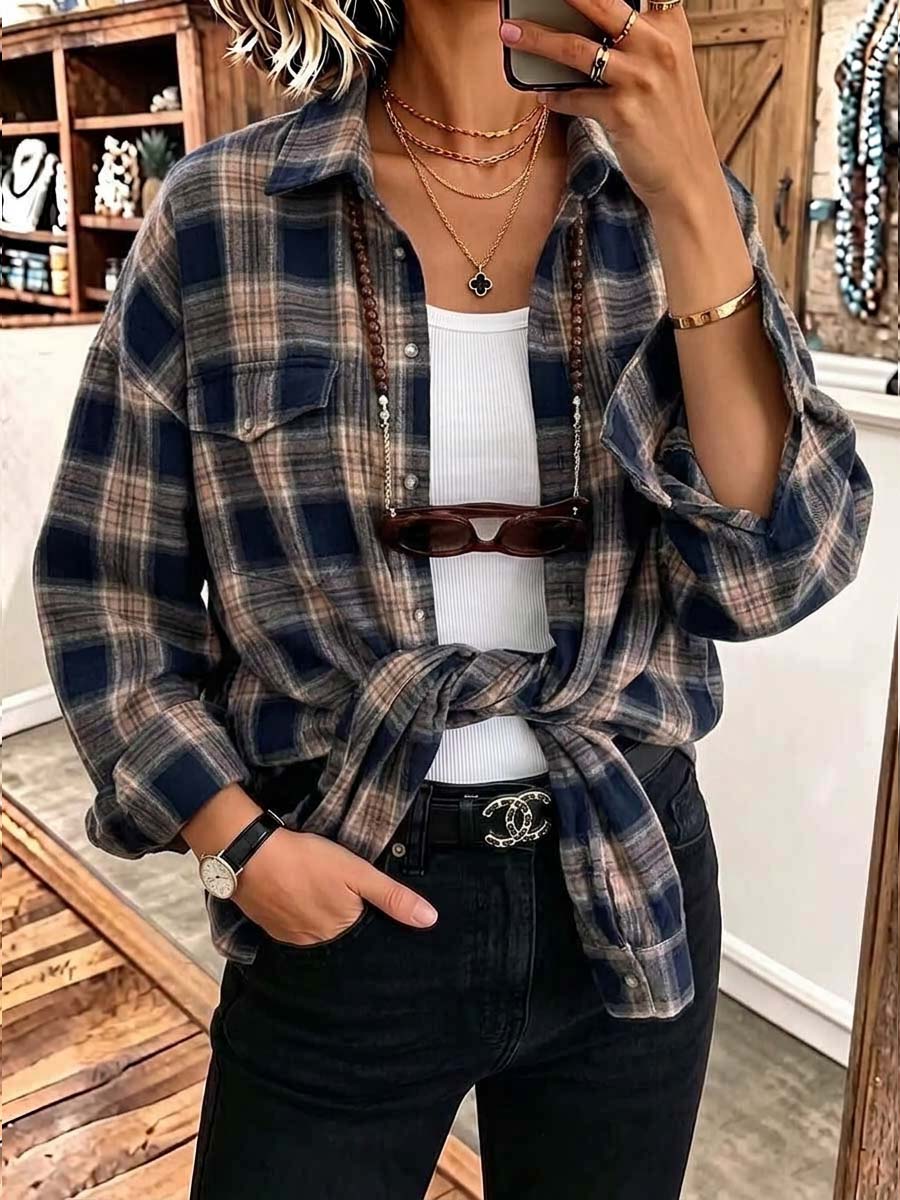 Women's Plaid Print Collared Long-sleeved Casual Loose Shirt