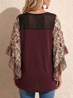 Loose-fitting Round-neck Top Featuring A Knit Bodice, Floral Chiffon Panels, And Flared Ruffle-edge Mid-length Sleeves