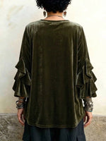 Velvet Ruffle-trim Flared-sleeve Crew-neck Top