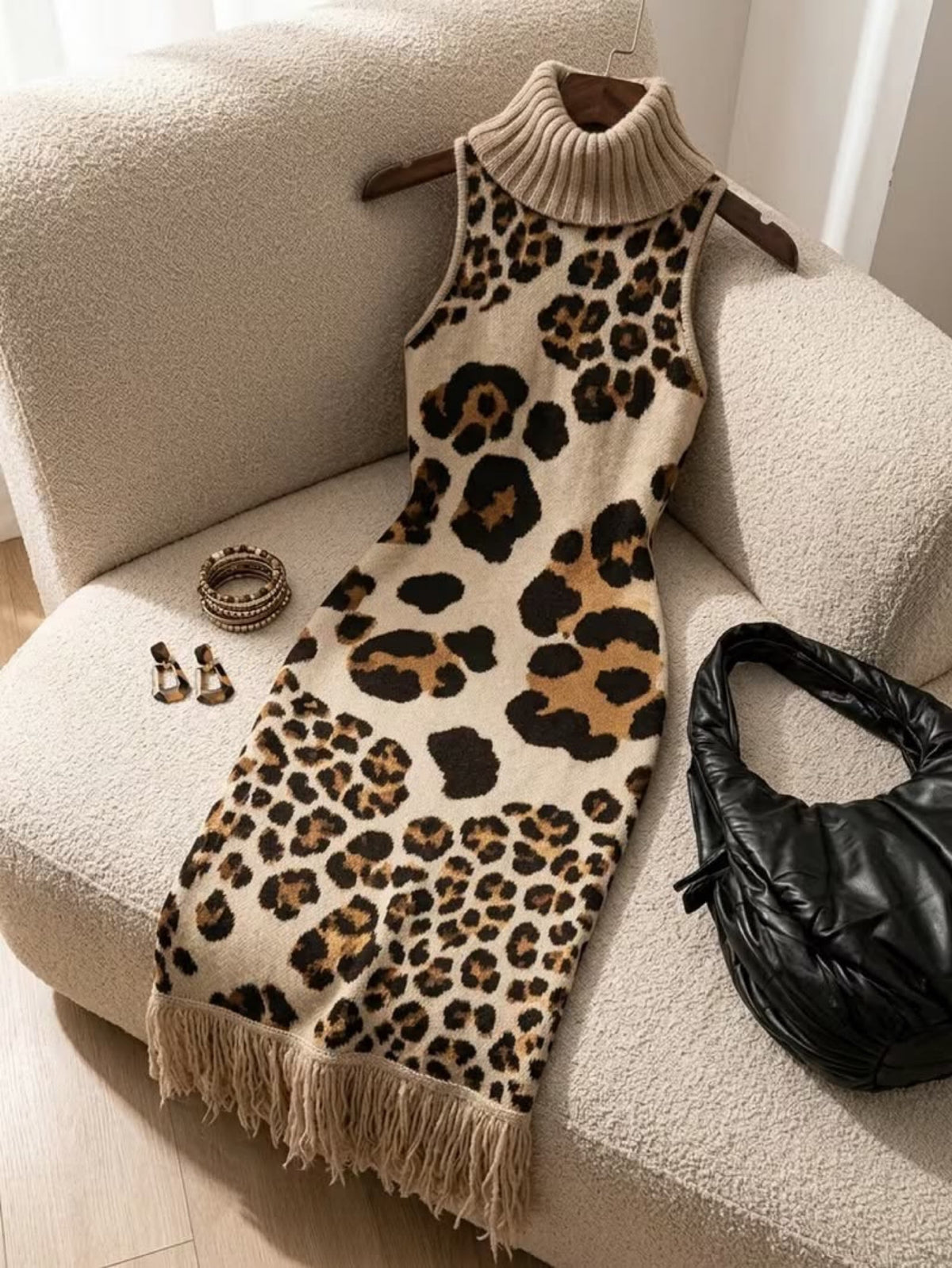 Bohemian Leopard-print Sleeveless Turtleneck Knit Midi Dress