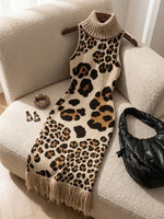 Bohemian Leopard-print Sleeveless Turtleneck Knit Midi Dress