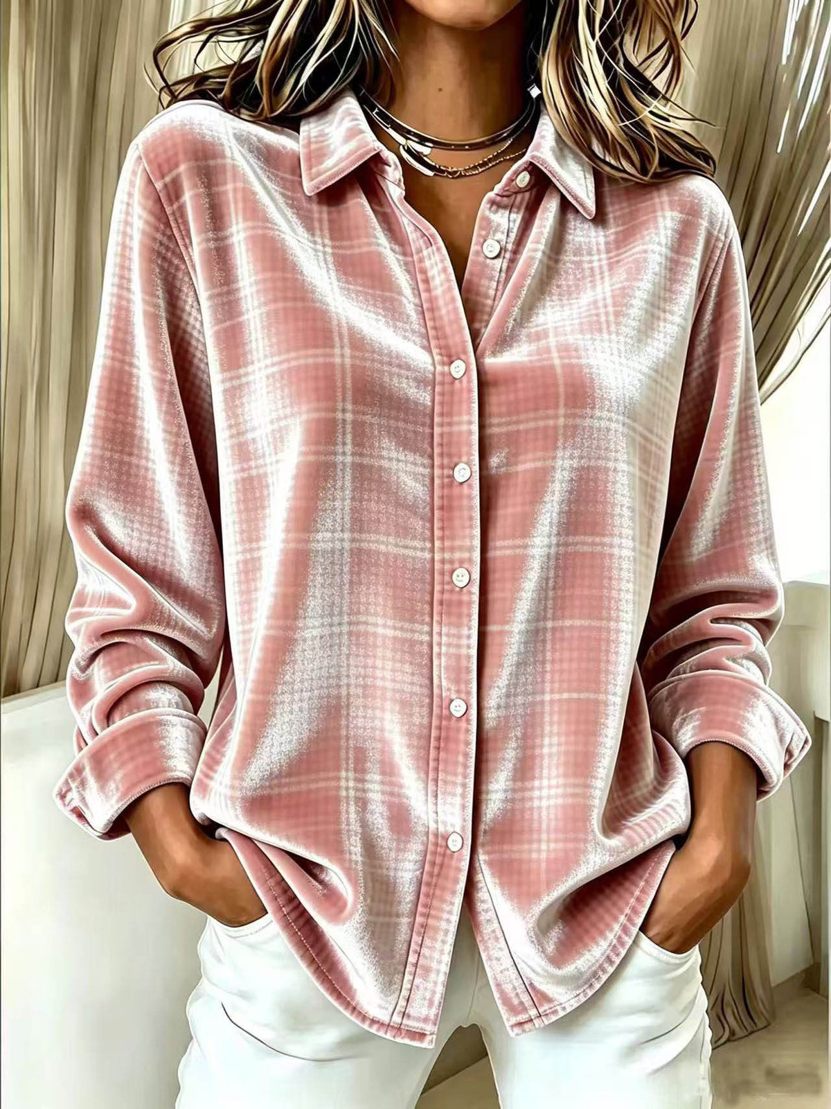 Chic Plaid Velvet Button-Down Shirt