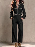 Women's Stand Collar Long Sleeve Casual Loose Beaded Top And High Waist Wide Leg Pants Beaded Set