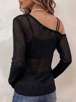 Women's Solid Color Asymmetrical Off-shoulder Long-sleeve Knit Top With Double Straps (loose Fit)