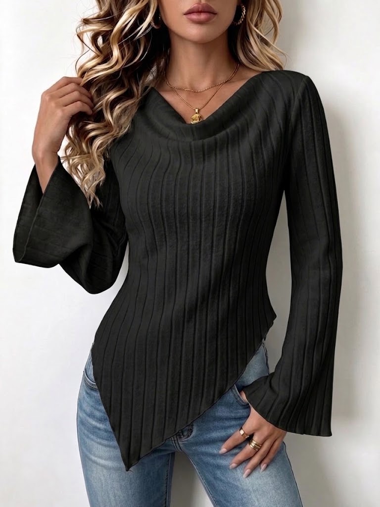 Ribbed Cowl-neck Knit Top With Asymmetric Hem And Flared Sleeves