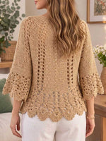 Boho Hollow-out Crochet Knit Blouse With Tassel Tie