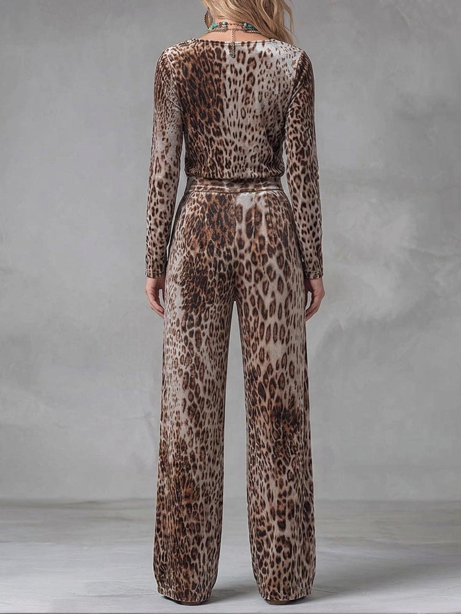 Women's Leopard Print Duffle Neck Long Sleeve Casual Loose Top High Waist Wide Leg Pants Velvet Suit