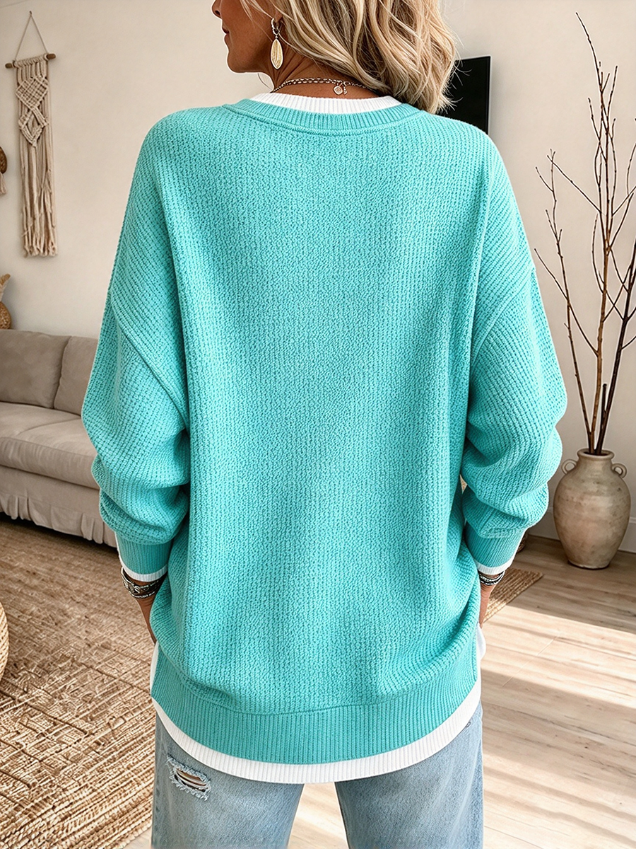 Casual Layered False Two-piece Waffle Knit Pullover