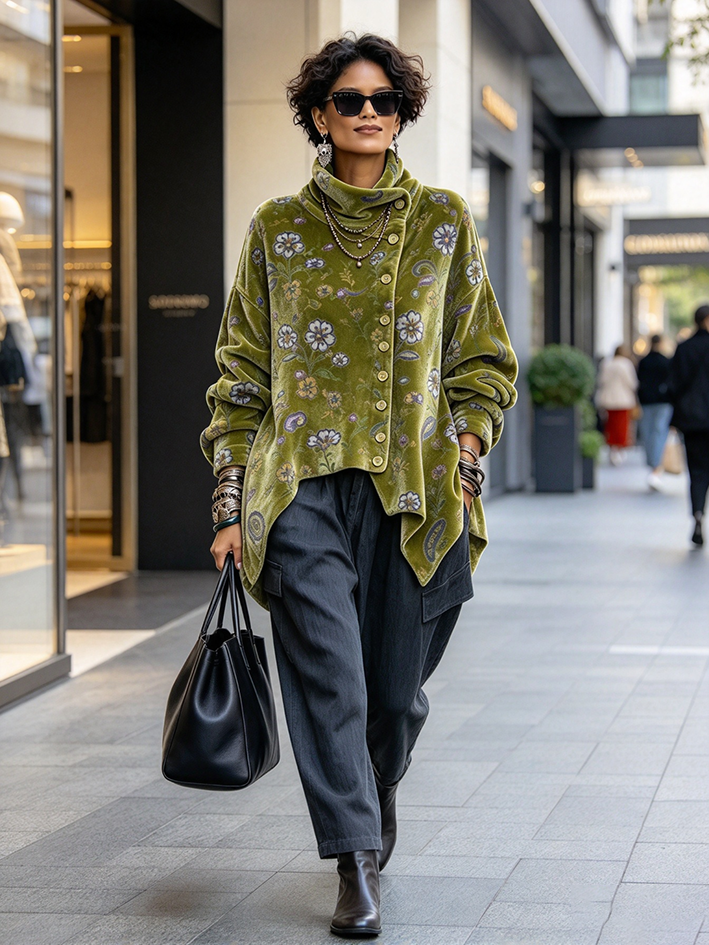 Elegant Floral Print Asymmetric Velvet Top