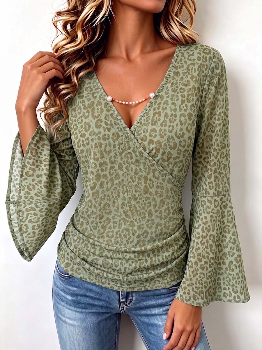Women's Leopard Print V-neck Long Sleeve Casual Loose Stretch Top