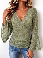 Women's Leopard Print V-neck Long Sleeve Casual Loose Stretch Top