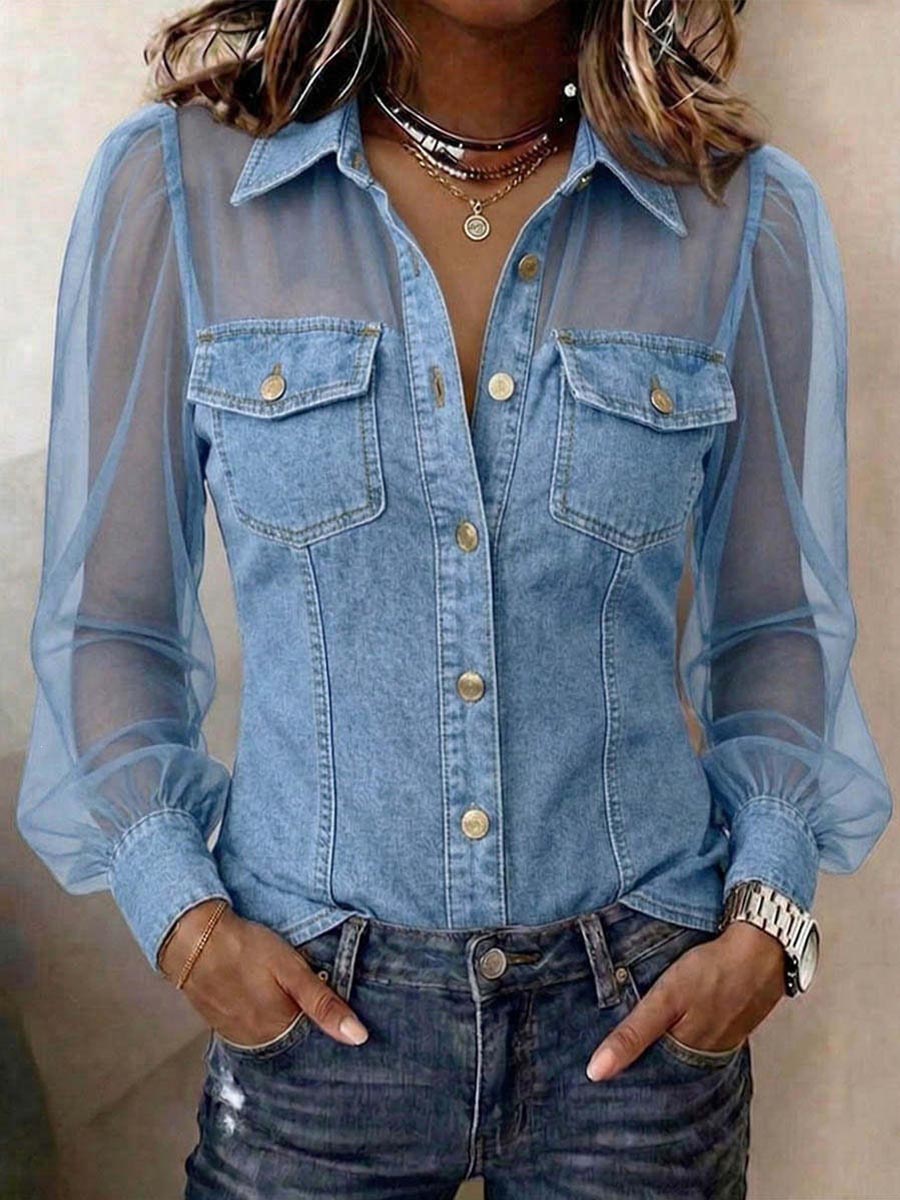 Women's Collared Long-sleeved Casual Loose Chiffon Patchwork Denim Shirt