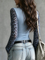 Casual Slim-fit Long-sleeve T-shirt With Leopard Print Paneling