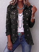 Women's Retro-style Printed Collared Long-sleeved Casual Loose Cotton Cardigan