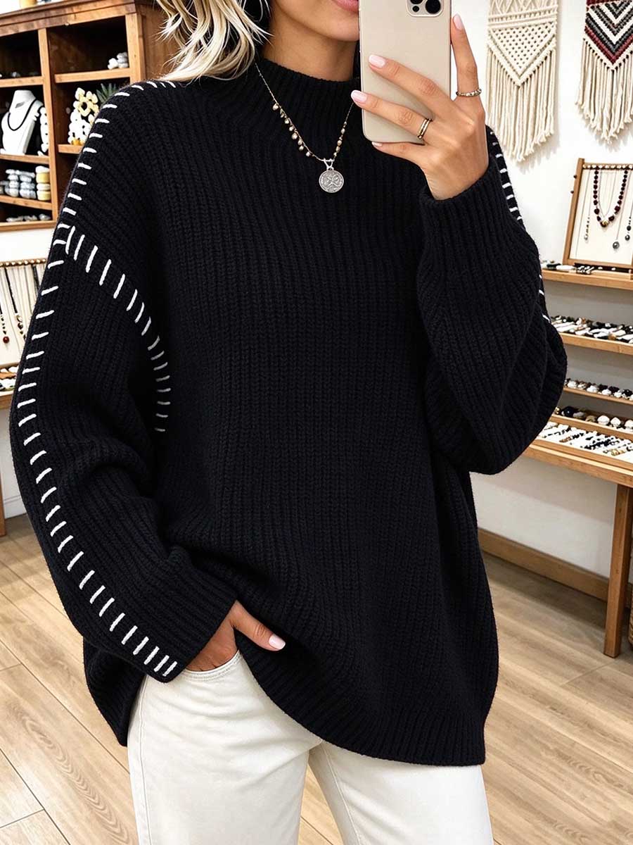 Oversized Black Chunky Knit Sweater with Contrast Stitching