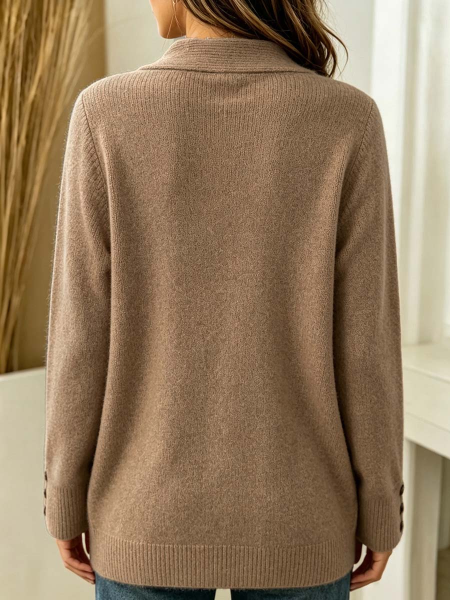 Women's Solid-color Long-sleeve Knit Top With Collar (relaxed Fit)