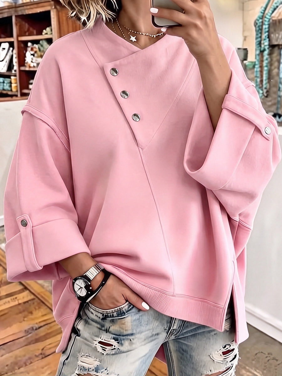 Chic Asymmetric Buttoned Soft Knit Sweatshirt