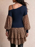 Asymmetric Cold‑shoulder Leopard Chiffon Splice Lantern‑sleeve Tiered‑hem Knit Top