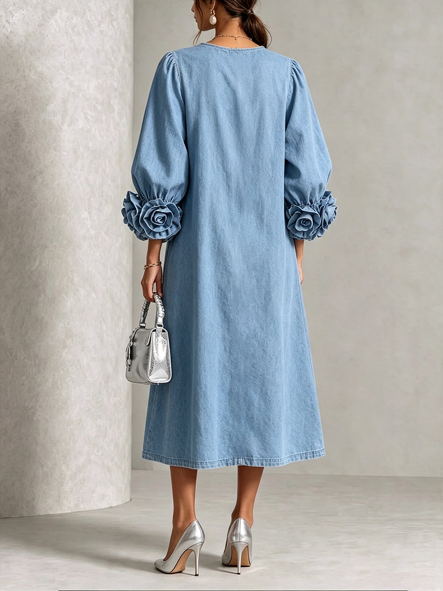Chic Chambray Denim 3D Rosette Sleeve Midi Dress