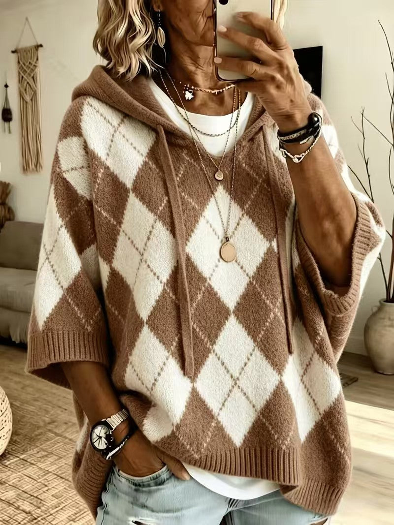 Checked-print Casual Hooded Knit Drawstring Sweatshirt