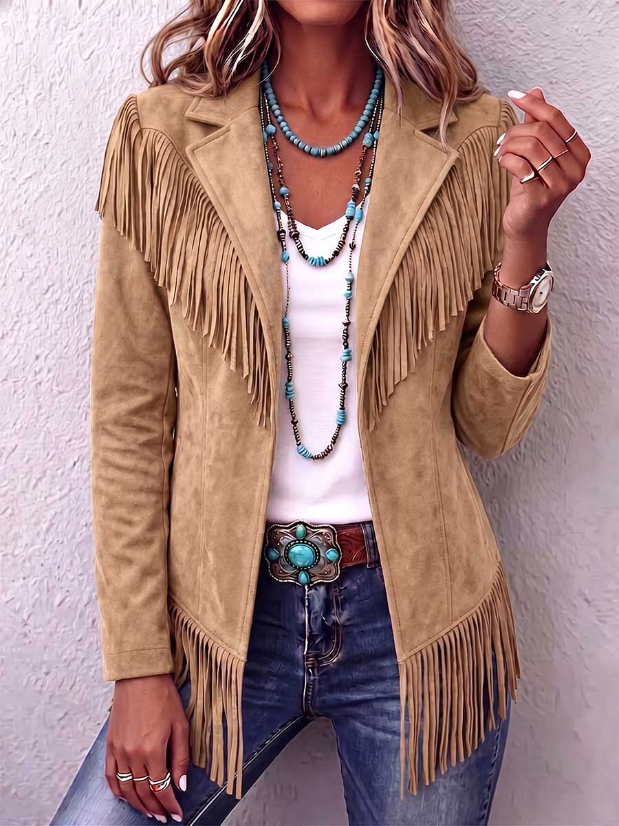Women's Solid Color Lapel Long-sleeved Casual Loose Tassel Jacket