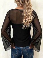 Cowl-neck Mesh-panel Flared Long-sleeve Top
