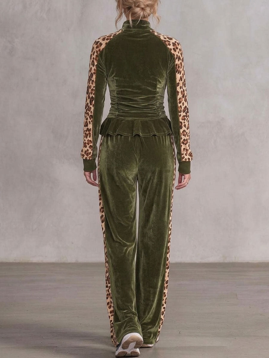 Velour Leopard Patchwork Peplum Tracksuit Set