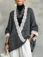 Cozy Relaxed Vintage Lace Trimmed Knit Sweater
