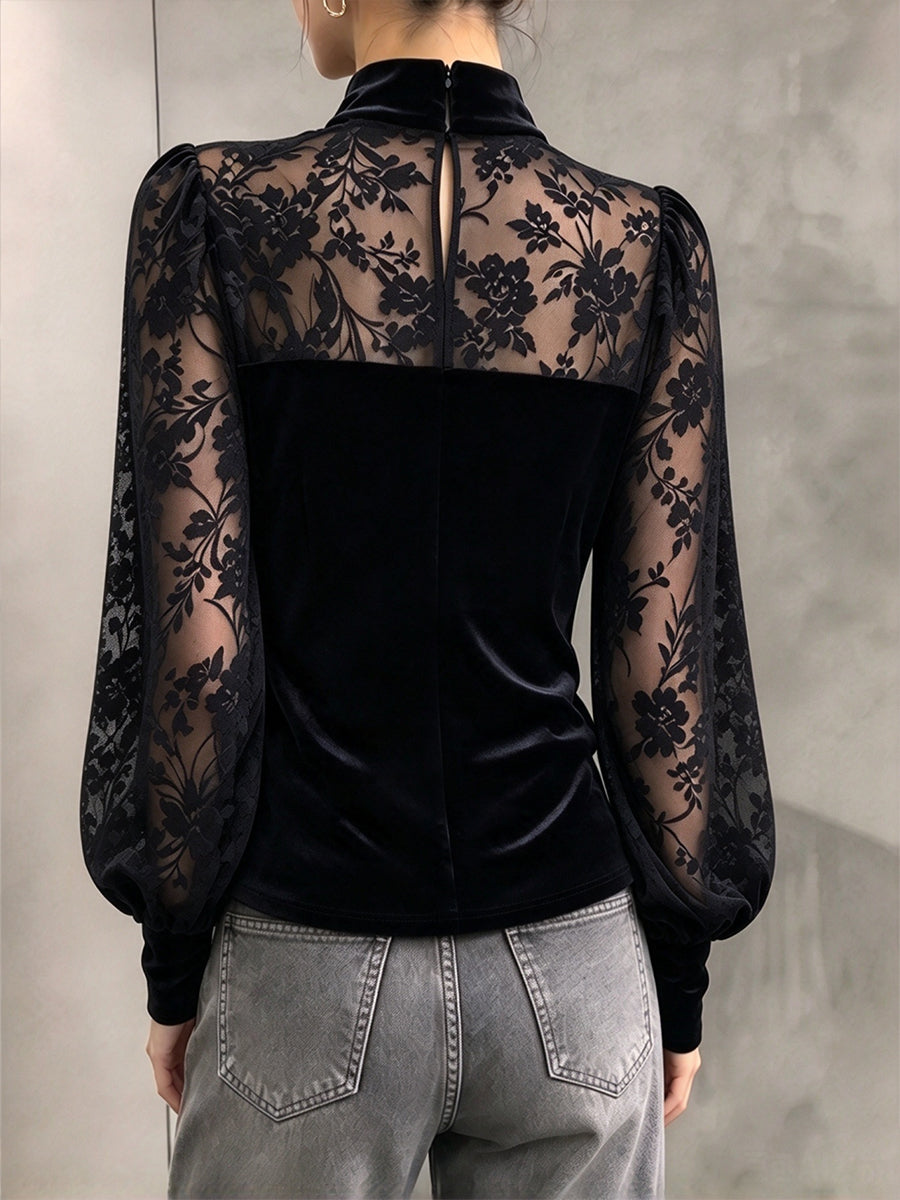 Elegant Pearl-Accented Velvet Flocked Top