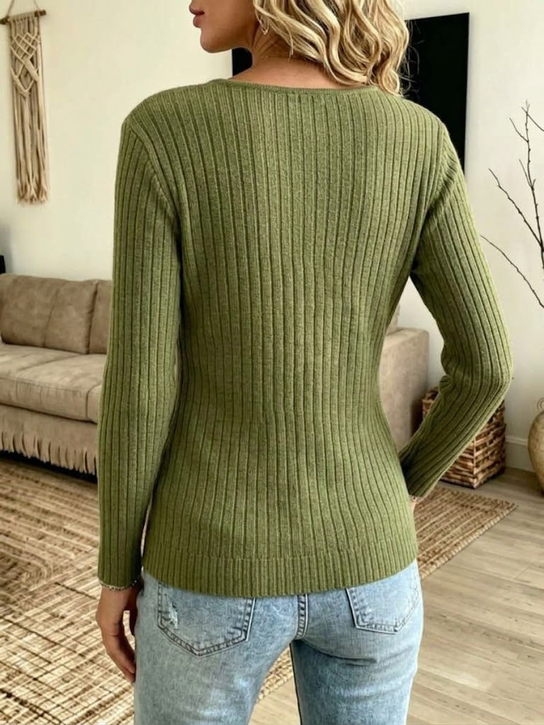 V-neck Twist Front Ribbed Long Sleeve Knit Top