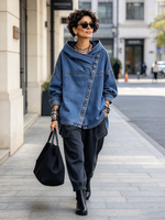 Relaxed Oversized Denim Asymmetrical Button Hooded Jacket