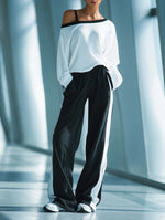 Casual Cotton One-shoulder Sweatshirt And Pants Two-piece Set