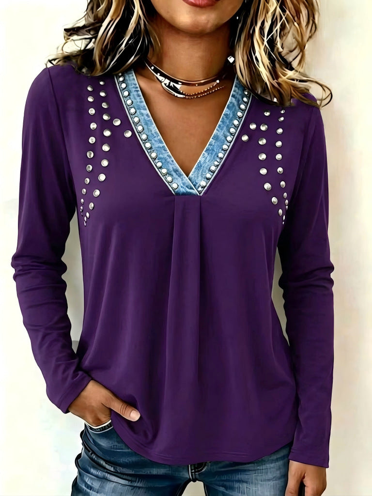 Chic Denim-Trimmed Studded V-Neck Top
