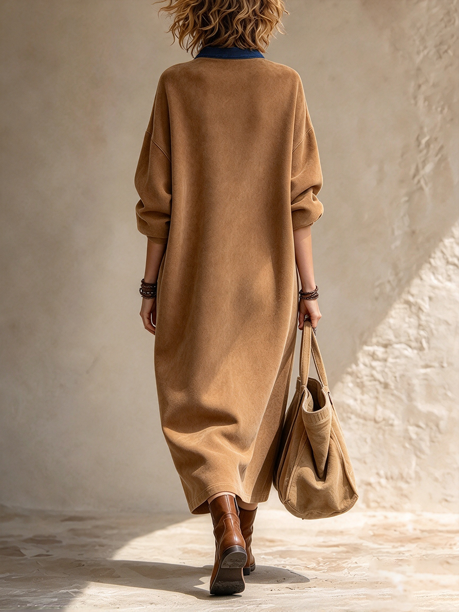 Boho Casual Cozy Colorblock Faux Suede Maxi Dress