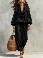 Relaxed-fit Cotton-blend Two-piece Set With A Draped Collar Top And Trousers