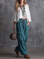 Women's Solid Color Round Neck 3/4 Sleeve Casual Loose Hollowed-out Lace Patchwork Cotton And Linen Top