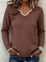 Scalloped Trim V-neck Color Block Long Sleeve Knit Sweater